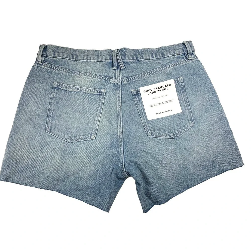 Good American Good Standard Long Denim Shorts 14 NWT Mid Rise Relaxed Cutoff